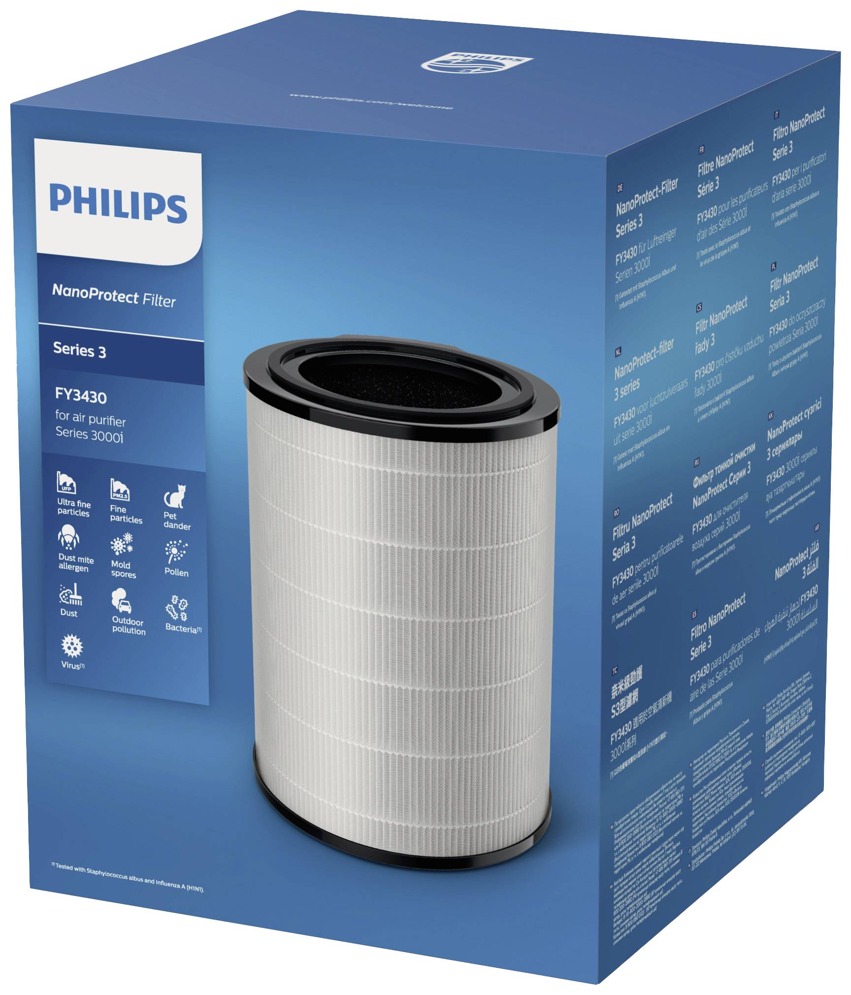 Philips NanoProtect Filter, Serie 3 für Luftreiniger, zeigt zylinderförmigen Luftfilter auf blauem Hintergrund mit Produktspezifikationen.