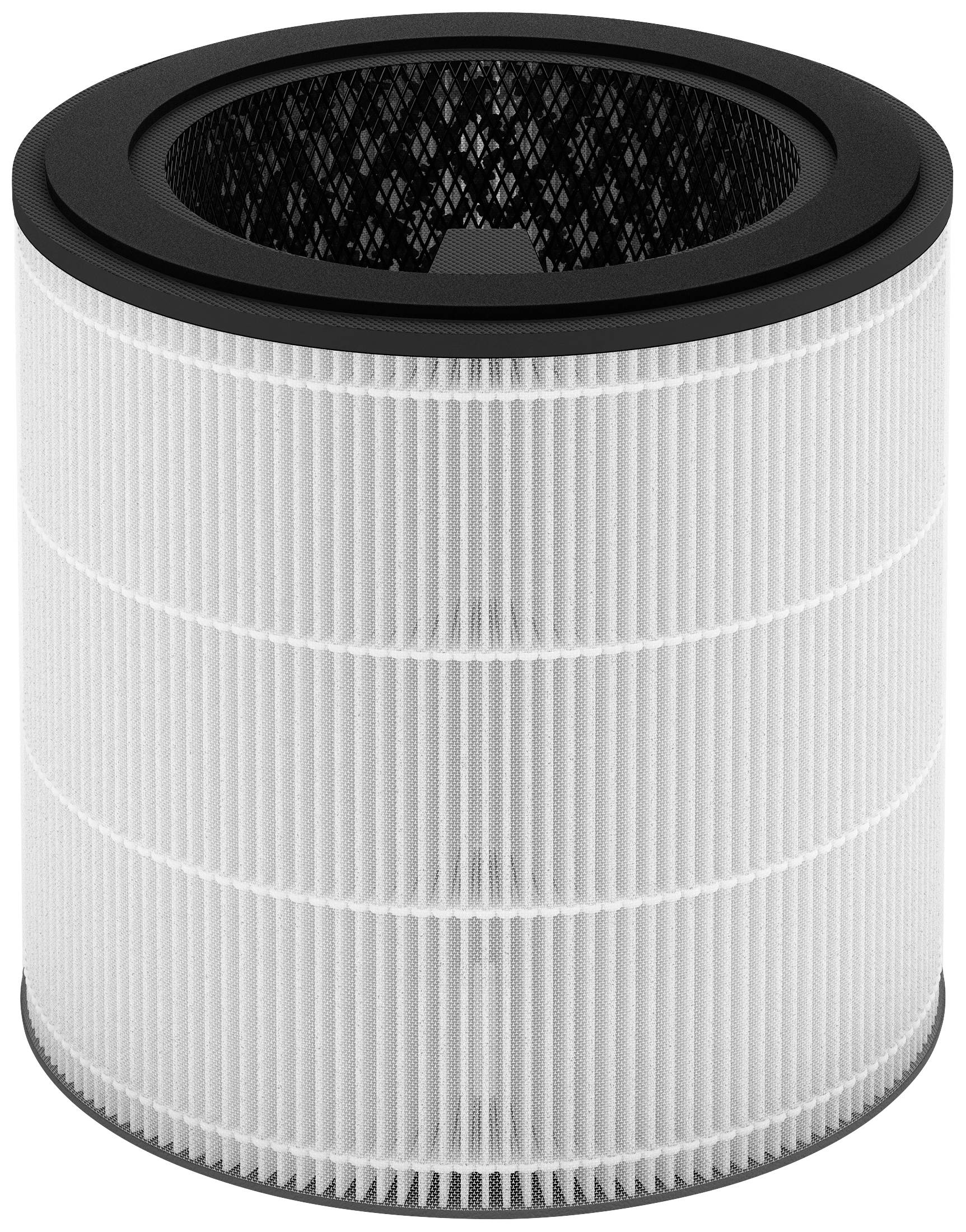 Ein zylindrischer Luftfilter mit weißen Falten und einem schwarzen oberen Rand, verwendet zur Reinigung der Luft in Raumluftreinigern.