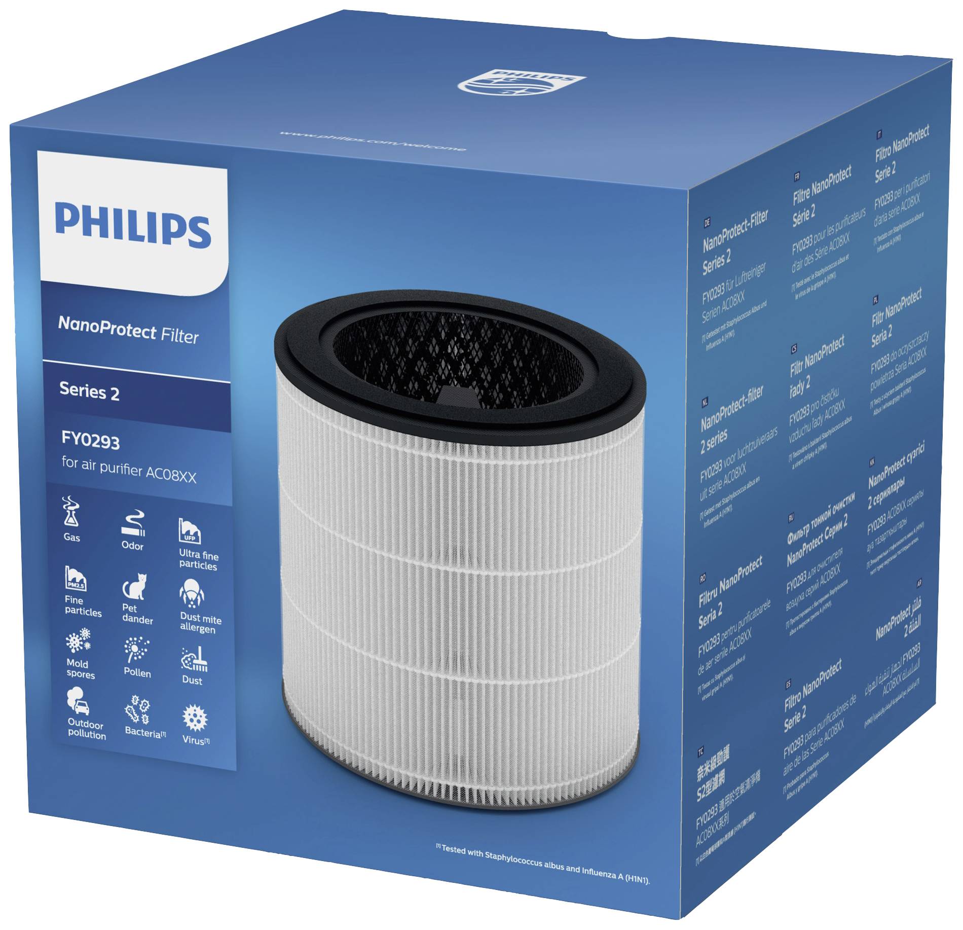 Verpackung eines Philips NanoProtect Filters für Luftreiniger, Serie 2. Bild zeigt den zylindrischen Filter auf der Vorderseite der Box.