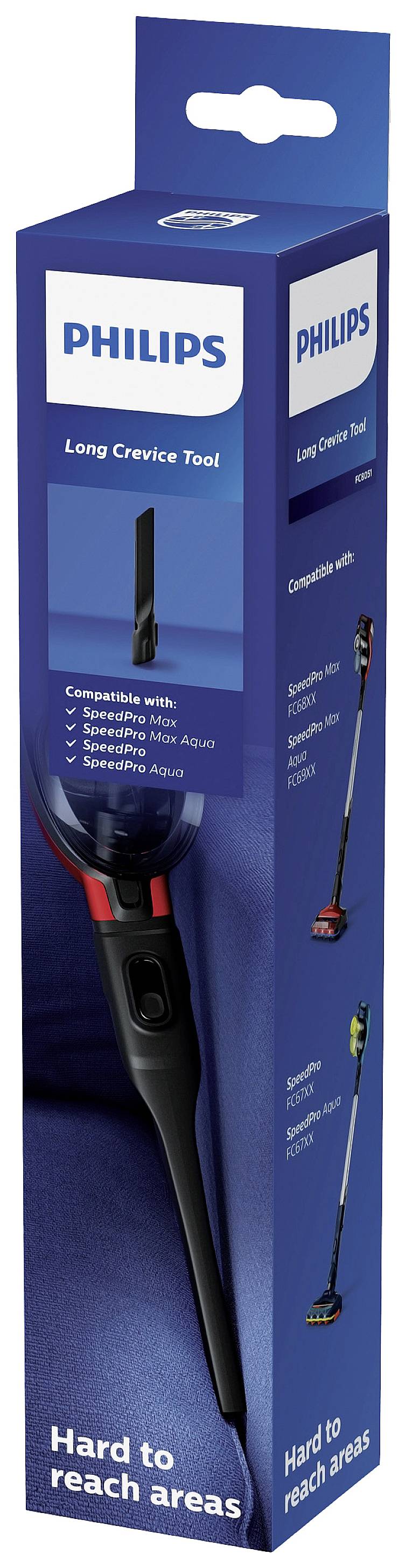 Verpackung eines Philips-Saugzubehörs 'Long Crevice Tool', geeignet für schwer erreichbare Stellen. Bild eines schwarzen Düsenaufsatzes.