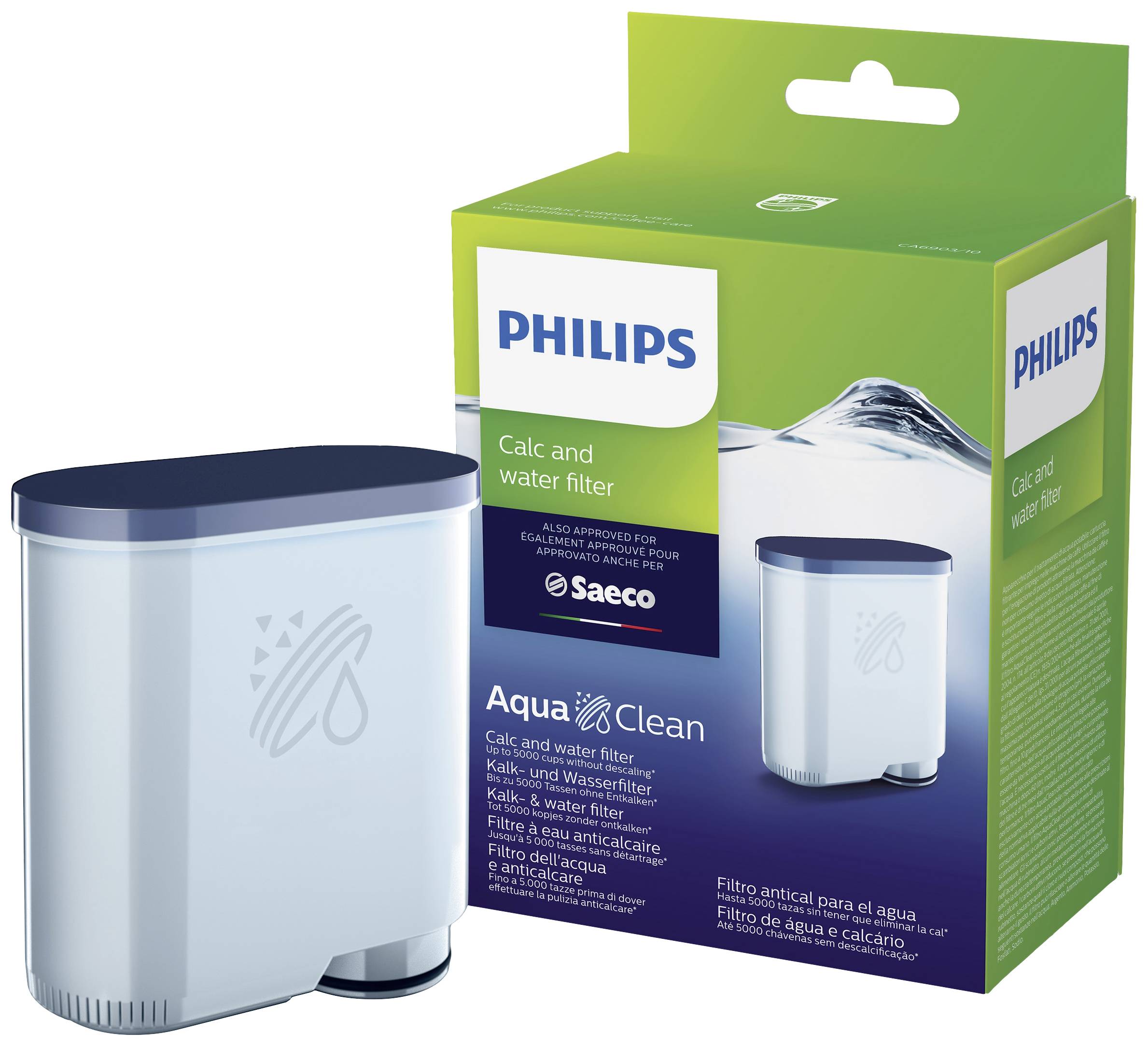 Wasserfilter von Philips neben der Produktverpackung. Verpackungstext nennt 'Calc and water filter' und 'Aqua Clean'.
