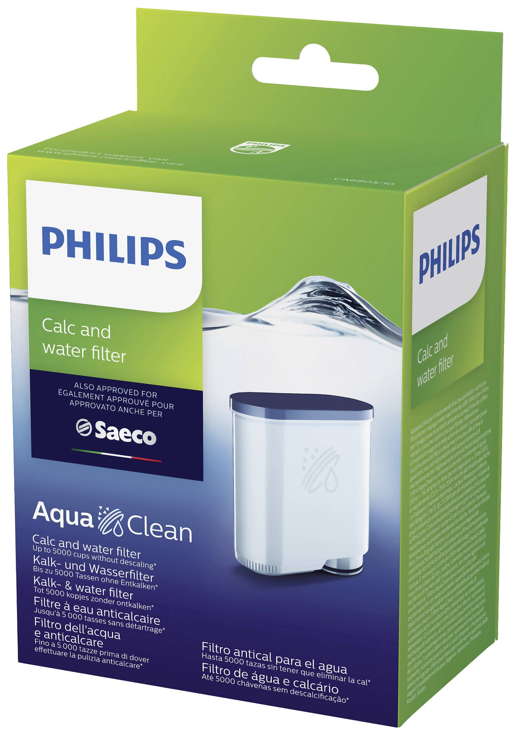 'Philips' Schachtel mit einem Kalk- und Wasserfilter für Kaffeemaschinen. Grünen und weißen Verpackung mit Wasserabbildung oben.