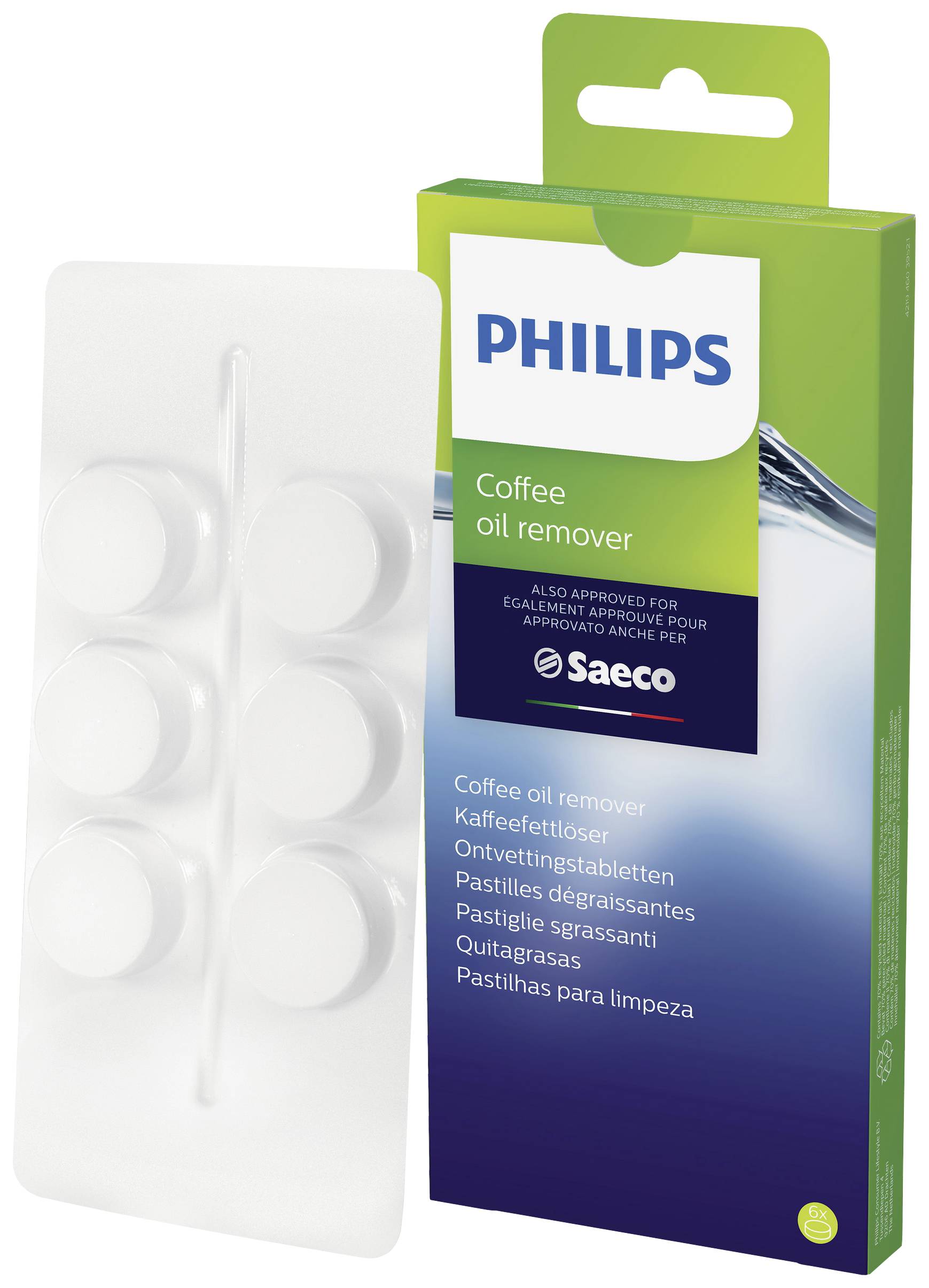 'Philips Coffee Oil Remover' Verpackung neben Blister mit sechs weißen Tabletten. Geeignet für Entfettung und Reinigung von Kaffeemaschinen.