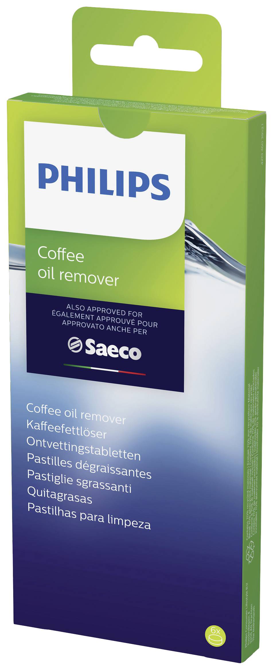 'Philips Kaffeeentfetter' Verpackung von Saeco. Text in mehreren Sprachen. Enthält Tabletten zum Entfernen von Kaffeeölablagerungen.
