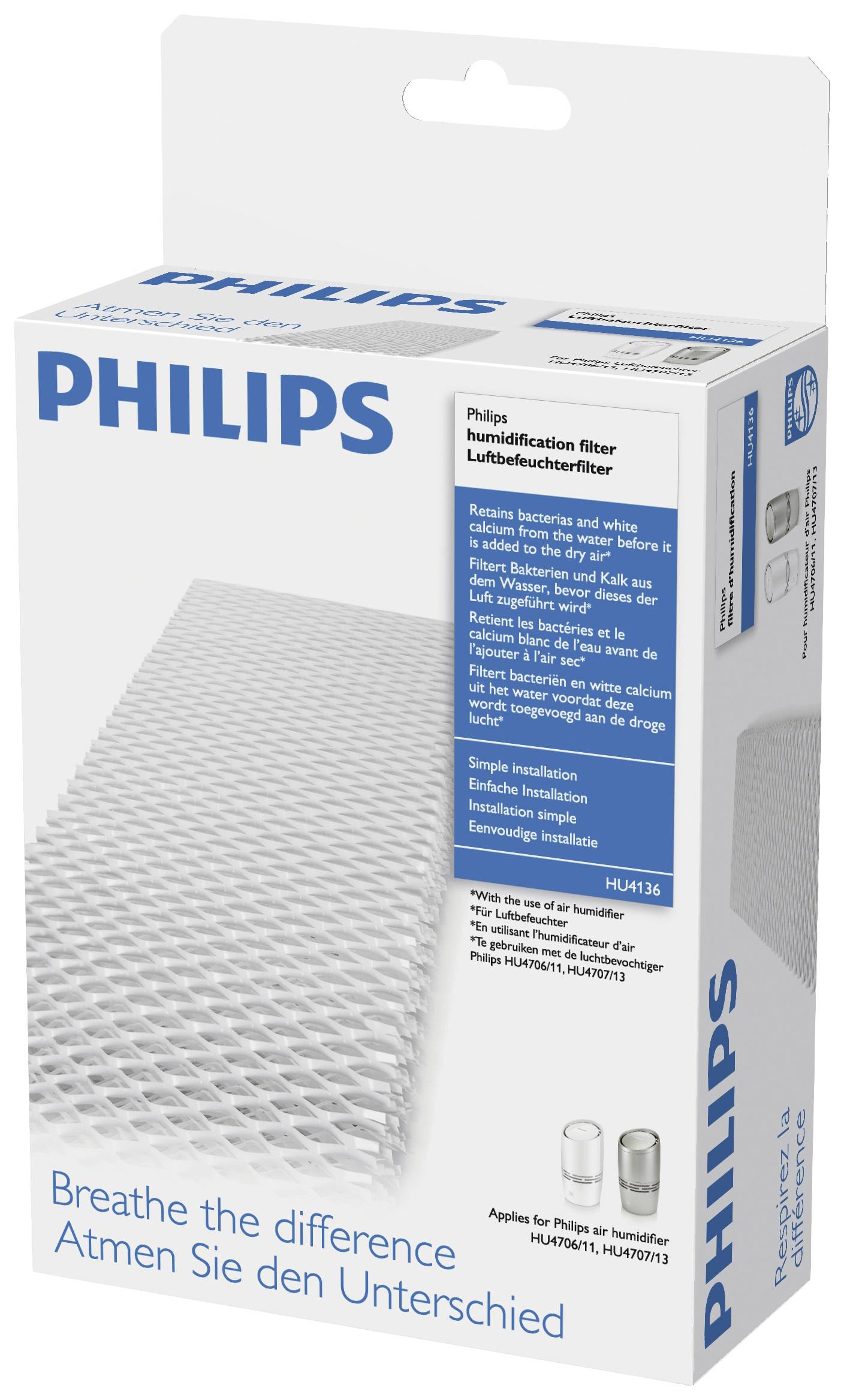 Ein Karton mit einem Philips Luftbefeuchterfilter. Enthält Informationen zur Filterkompatibilität und Versprechen 'Atmen Sie den Unterschied'.