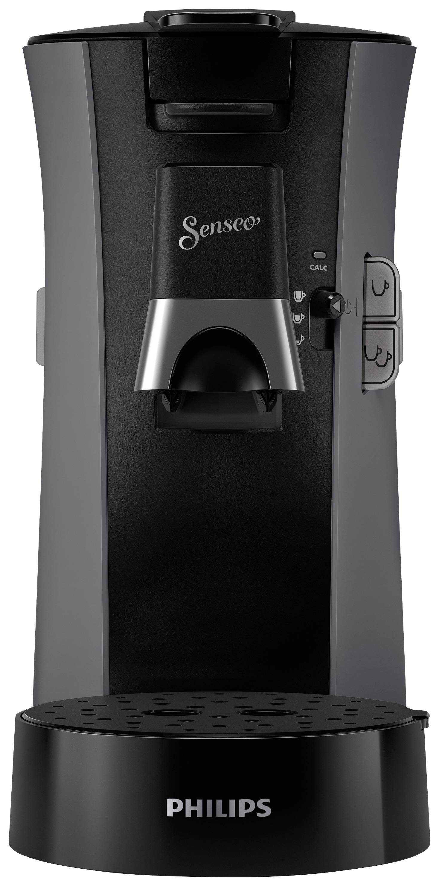Eine schwarze Philips Senseo Kaffeepadmaschine, freistehend, mit sichtbaren Bedienelementen an der Seite.