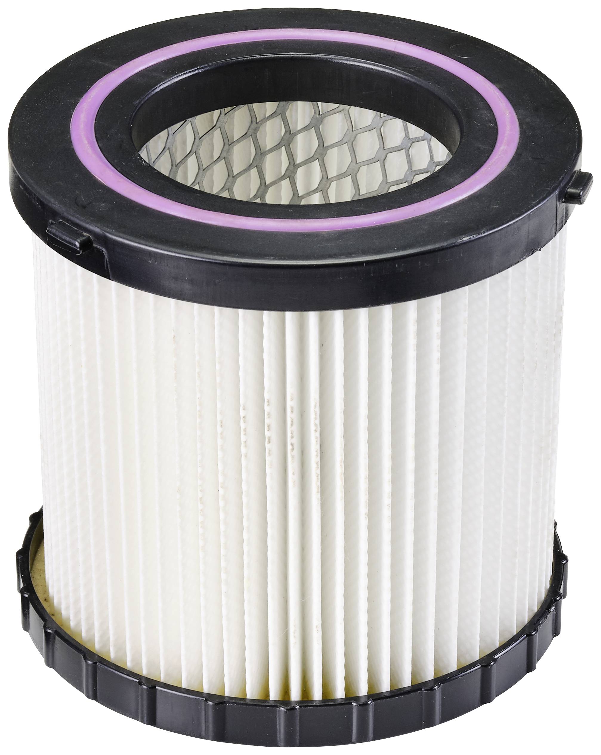 Ein zylindrischer Luftfilter mit weißem Papiermaterial und Metallverstrebungen, umgeben von einem schwarzen und pinken Rahmen.