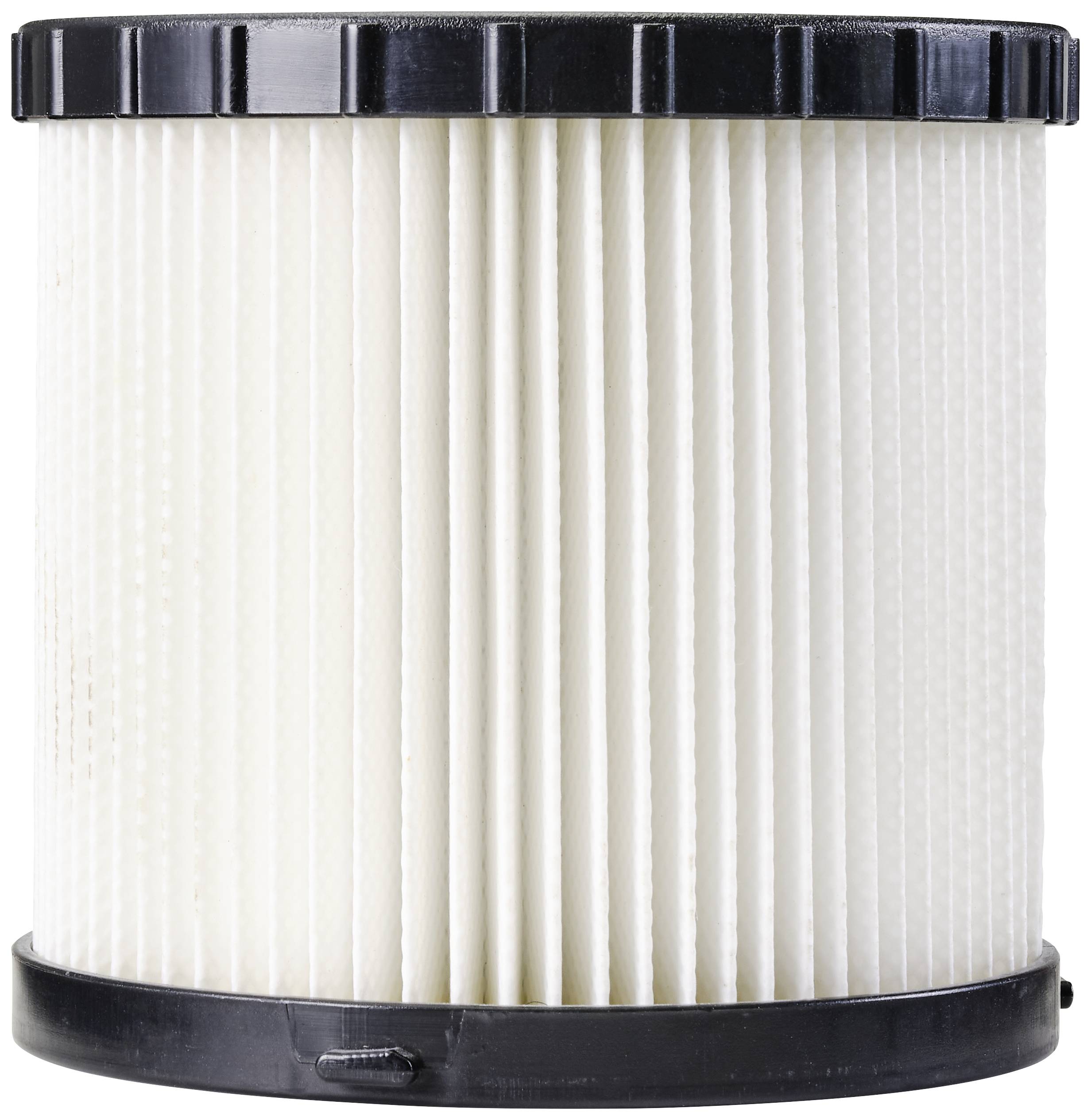 Zylindrischer Staubsaugerfilter mit schwarzem Rand und weißen Falten zur Partikelfiltration.