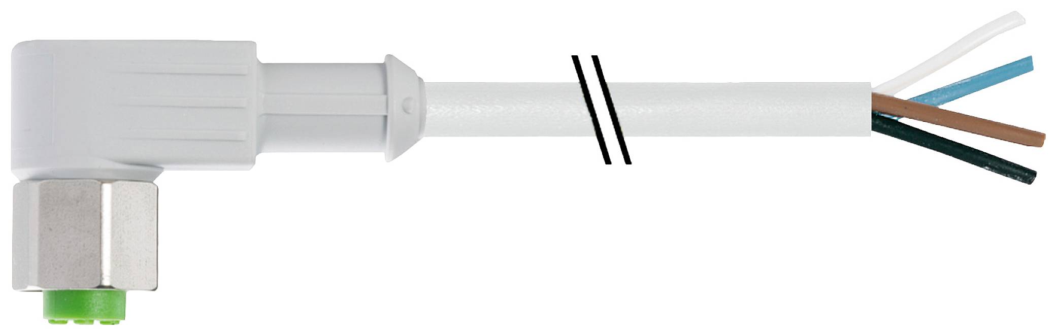 Ein abgewinkelter Elektrostecker mit drei herausstehenden Drähten: braun, blau und grün. Der Stecker hat einen Metallanschluss.