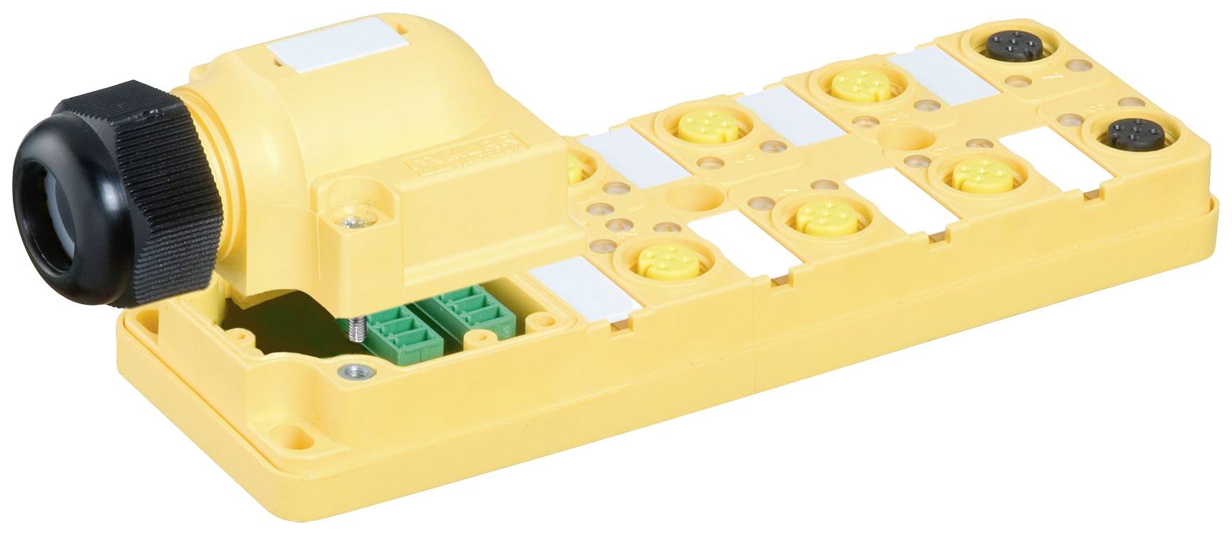 Ein gelbes Verbindungselement mit mehreren Knöpfen und Steckplätzen, verwendet in elektrischen oder mechanischen Geräten zur Steuerung.