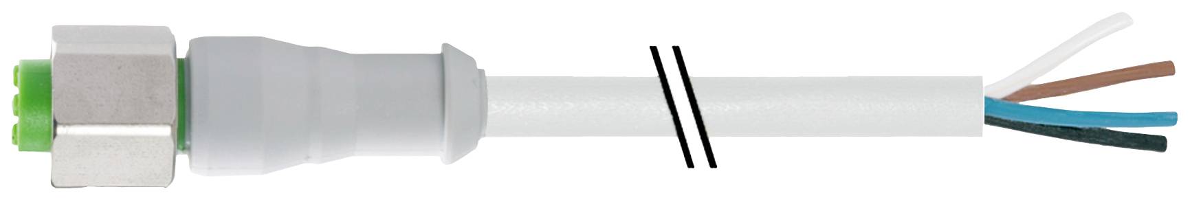 Ein abisoliertes vieradriges Kabel endet in einem Steckverbinder.