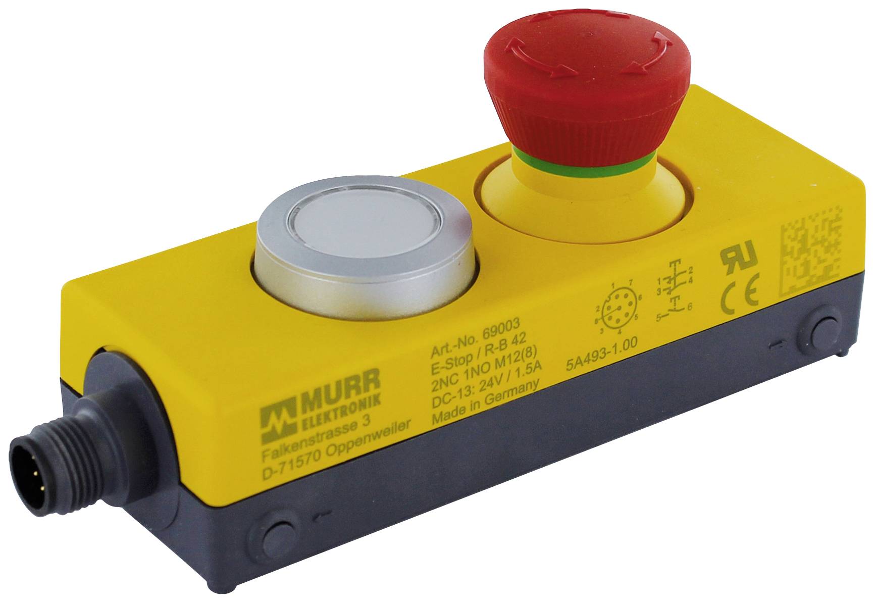 Gelbes Not-Aus-Modul mit rotem Not-Aus-Knopf und grauem Drucktaster von Murr Elektronik. Aufschrift 'Made in Germany'.