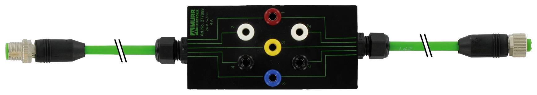 Ein schwarzes Anschlussmodul mit fünf farbigen Buchsen (weiß, rot, gelb, blau, schwarz) in der Mitte, verbunden mit grünen Kabeln auf beiden Seiten.