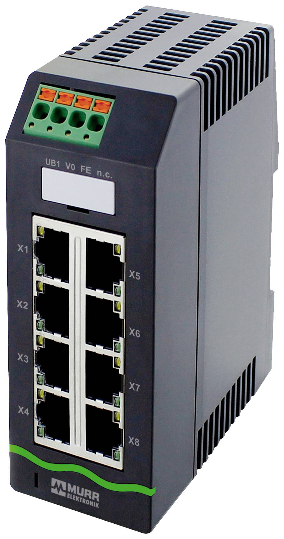 Industrie-Ethernet-Switch mit 8 Ports, geeignet für industrielle Anwendungen. Zeigt Markenlogo und mehrere Anschlussmöglichkeiten.