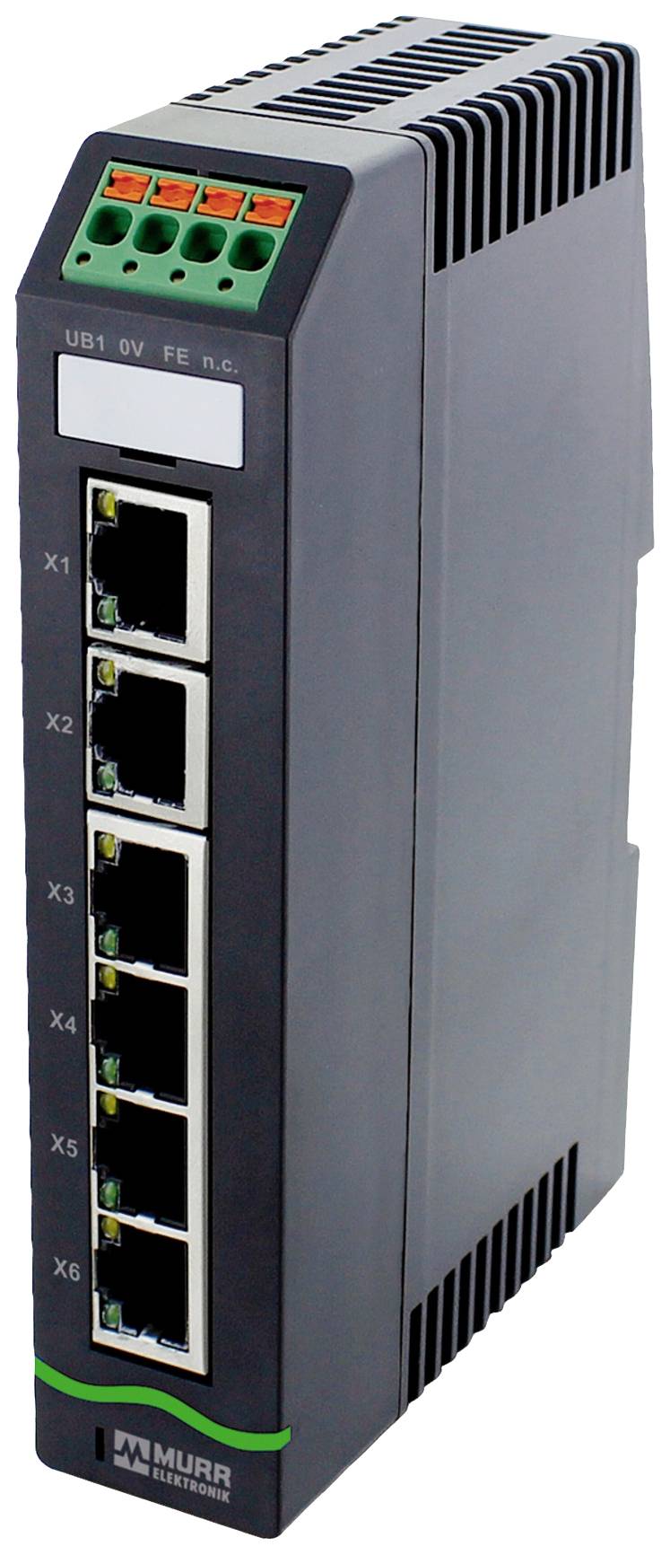 Ein Ethernet-Switch von Murrelektronik mit sechs RJ45-Ports und LEDs, geeignet für die industrielle Automatisierung.