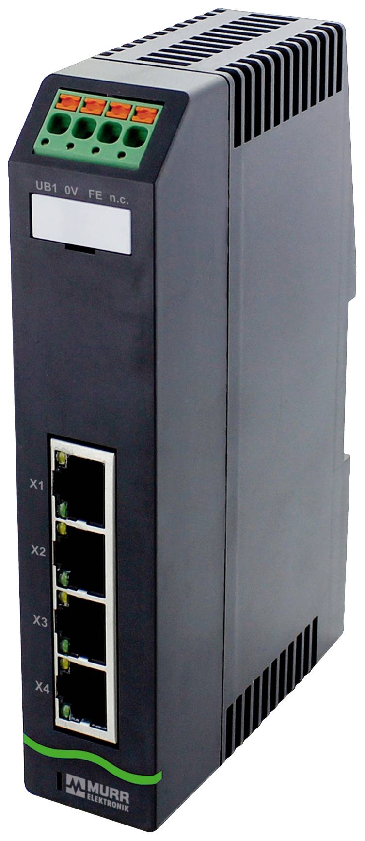 Ein Industrie-Switch mit vier Ethernet-Ports und Stromanschlüssen, markiert mit 'Murr Elektronik', in schwarzem Gehäuse.