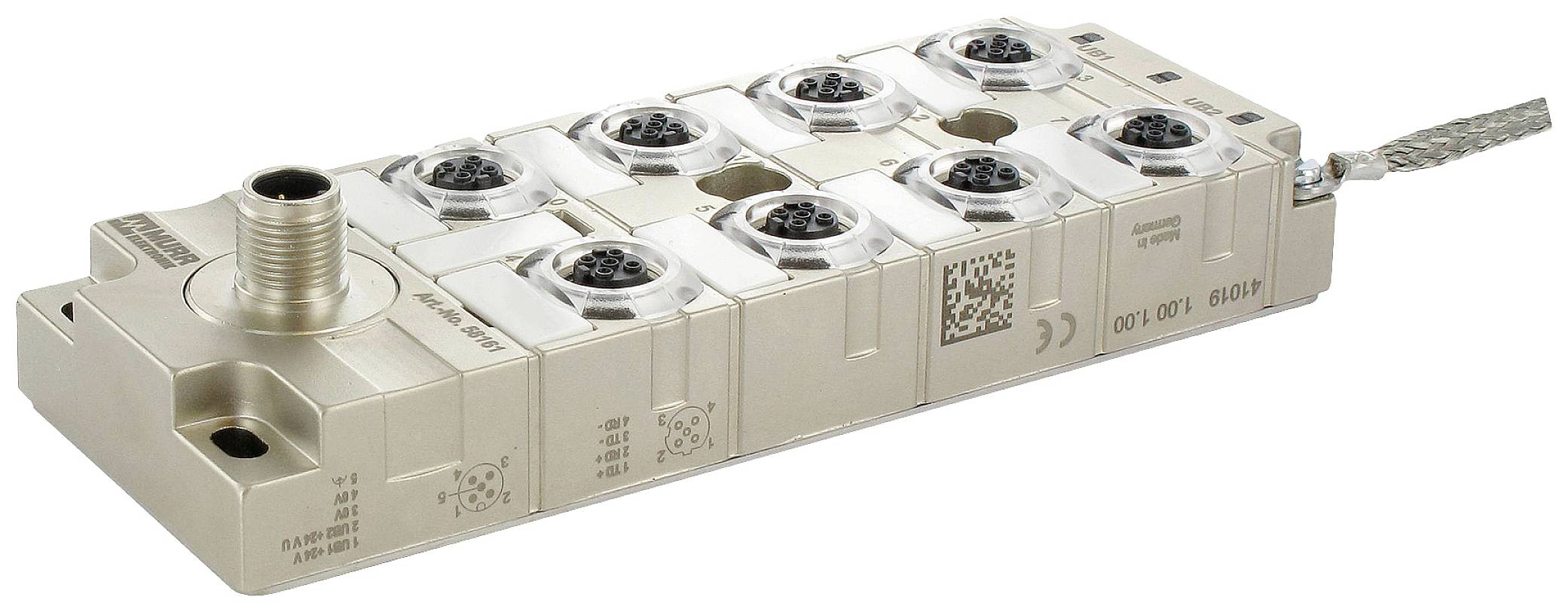 Metallmodul mit mehreren runden Steckanschlüssen und einem einzelnen, größeren Anschluss links. Kabel rechts angeschlossen.