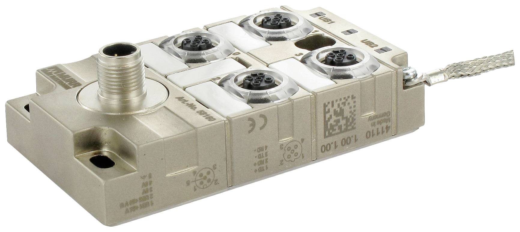 Ein quadratischer Metall-Sensorbehälter mit mehreren runden Anschlüssen und einem QR-Code.