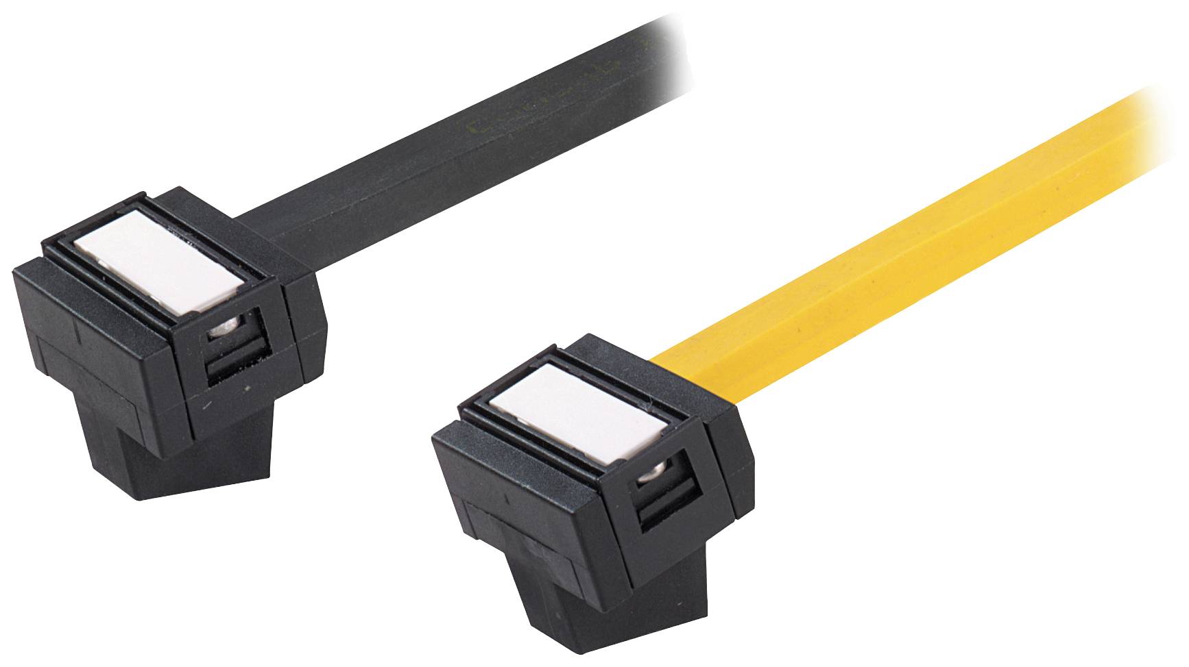 Zwei SATA-Kabel, eines schwarz, das andere gelb, mit abgewinkelten Steckern zur Datenübertragung zwischen Computerkomponenten.