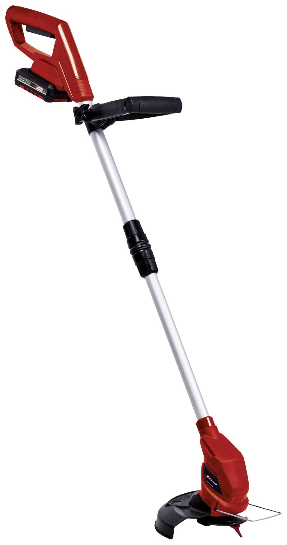 Ein roter kabelloser Rasentrimmer mit langem Griff und schwarzem Schutzschild um die Klinge. Ideal zum Schneiden von Rasenkanten.