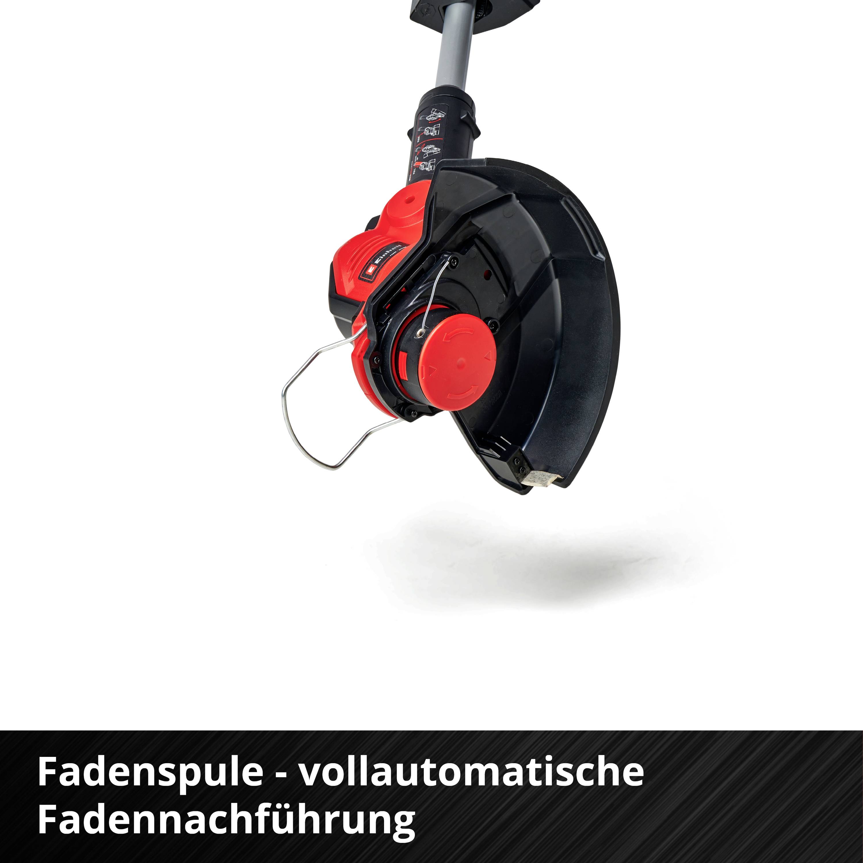 Eine vollautomatische Fadenspule für Rasentrimmer; zeigt die Spule mit Schutzabdeckung. Text unten: 'Fadenspule - vollautomatische Fadenanführung'.