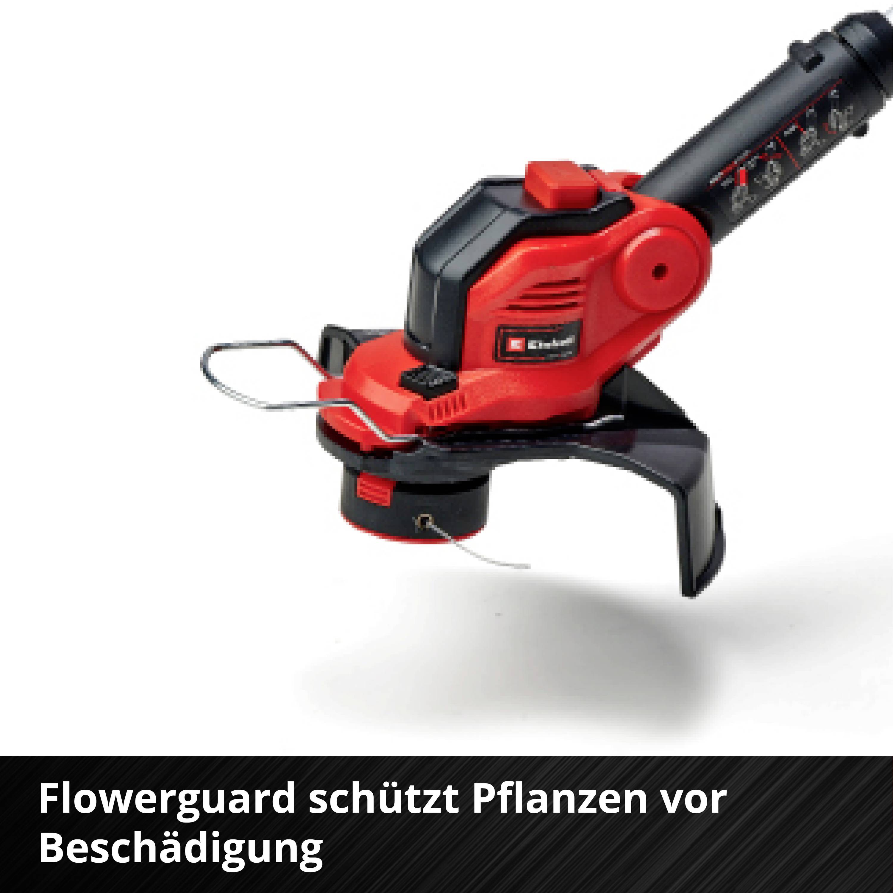 Ein roter Rasentrimmer mit schwarzem Griff. Der 'Flowerguard' schützt Pflanzen vor Beschädigung.