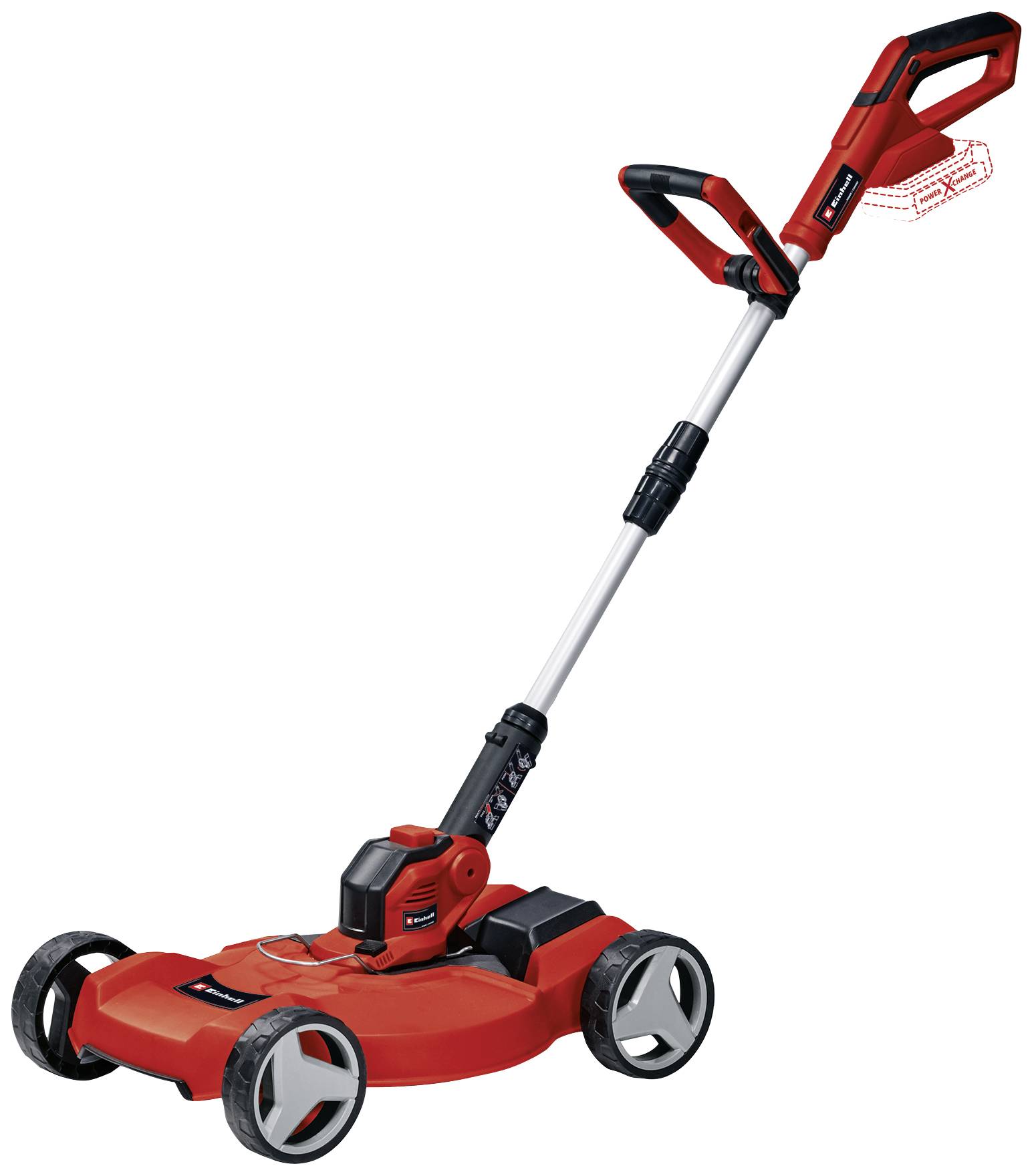 Roter Elektro-Rasenmäher mit ergonomischem Griff und verstellbarem Stiel auf weißem Hintergrund.