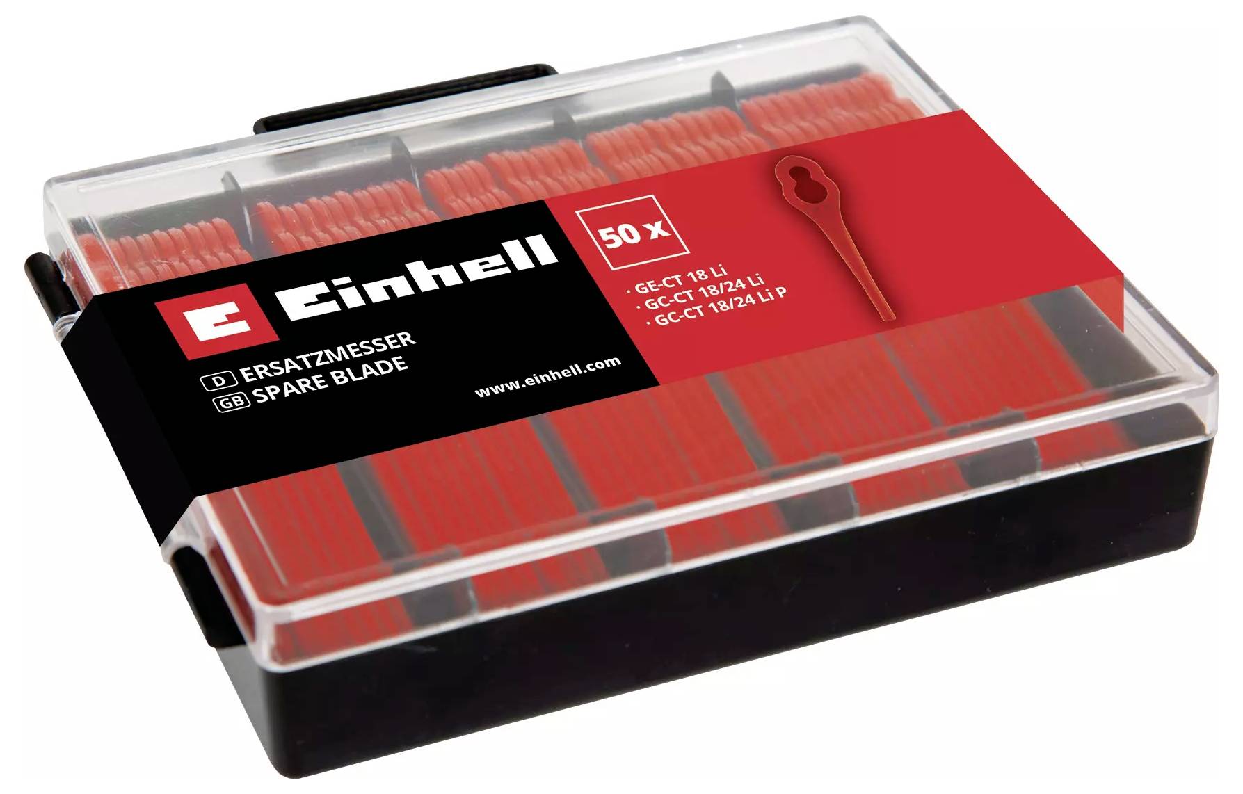 Ersatzklingenpackung von Einhell mit 50 rot gefärbten Kunststoffklingen, geeignet für verschiedene Rasenmähermodelle.