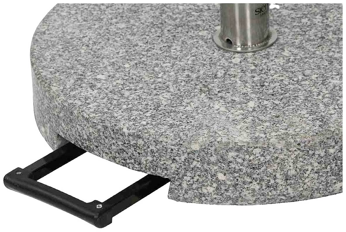 Ein grauer Granit-Sonnenschirmständer mit schwarzem Griff, teilweise sichtbar.