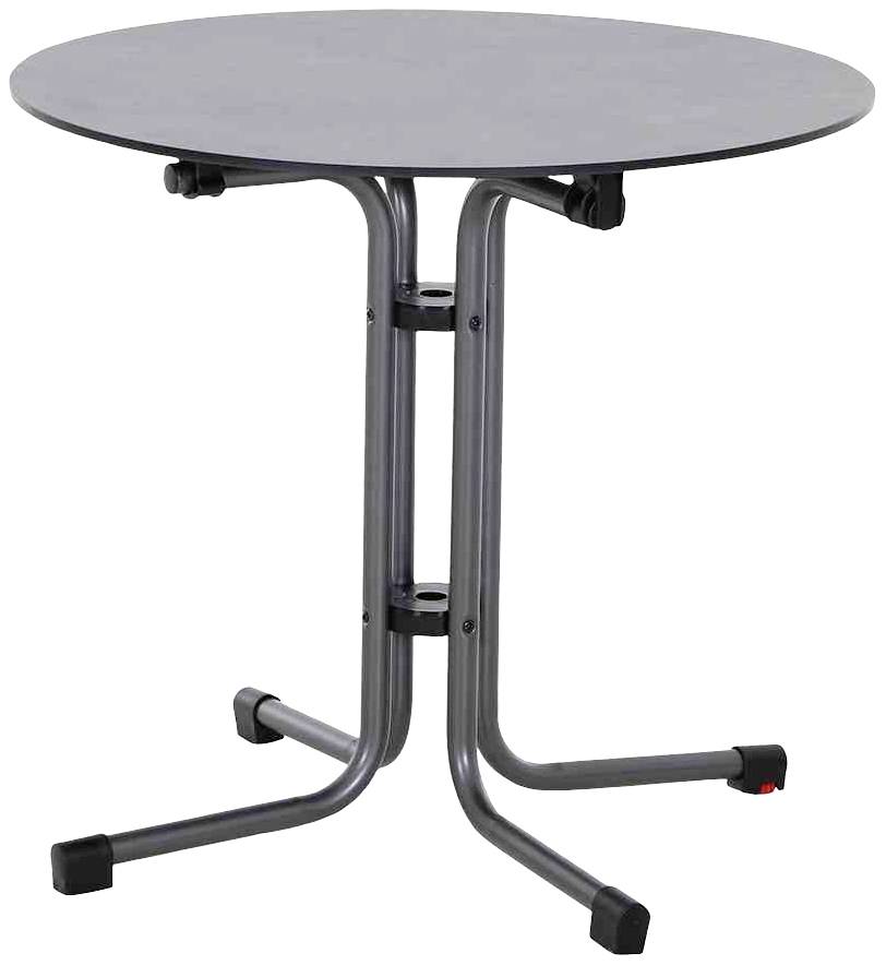 Runder Tisch mit Metallrahmen und dunkler Tischplatte, steht auf einem stabilen, gebogenen Metallgestell mit Füßen für Stabilität.