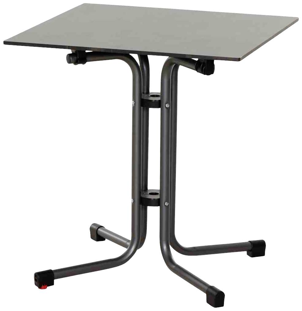 Ein kleiner, quadratischer Tisch mit einer Metallbasis und schwarzer Tischplatte. Geeignet für kompakte Räume oder als Beistelltisch.