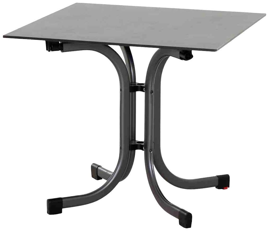 Ein quadratischer Tisch mit einer grauen Tischplatte und schwarzen Metallbeinen in gebogener Form.