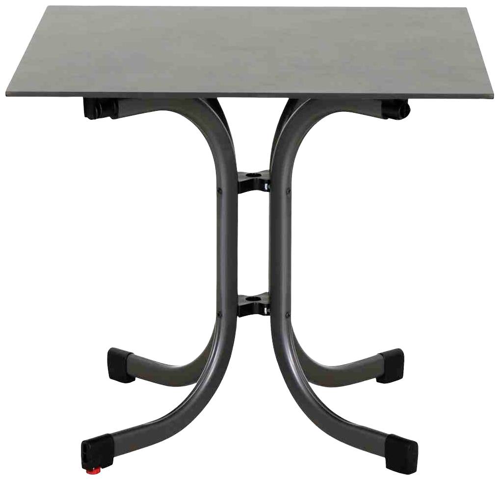 Ein kleiner, rechteckiger Tisch mit einer grauen Platte und gebogenen Metallbeinen.