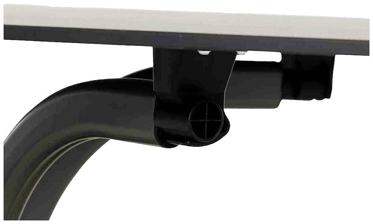 Detailaufnahme eines schwarzen Tischgestells mit runden, verstellbaren Verbindungen unter einer Tischplatte.