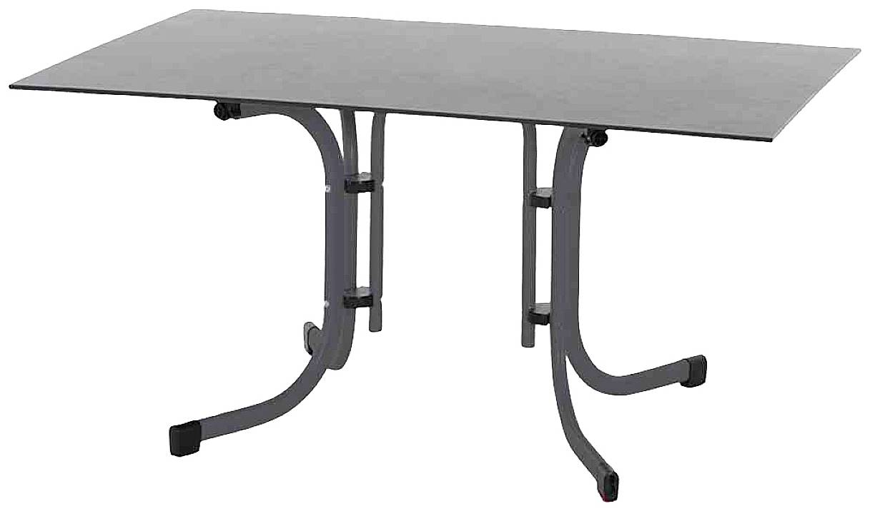 Rechteckiger Tisch mit dunkler Tischplatte und gebogenen Metallbeinen. Ideal für Ess- oder Arbeitsbereiche, schlichtes Design.