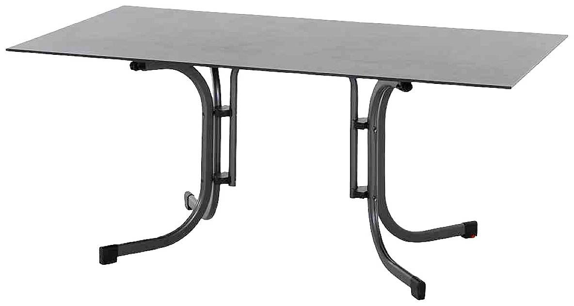 Ein rechteckiger Tisch mit dunkler Tischplatte und geschwungenen Metallbeinen. Geeignet für Büro- oder Esszimmerumgebungen.