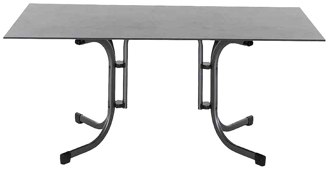 Ein rechteckiger Tisch mit schwarzer Tischplatte und gebogenen Metallbeinen.