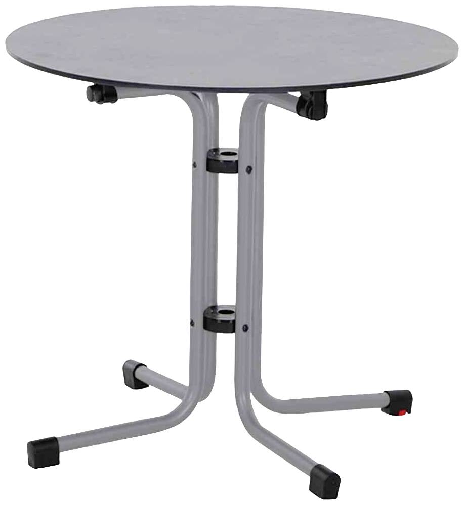 Ein runder, grauer Tisch mit Metallbeinen und schwarzen Kappen an den Füßen, geeignet für Innenräume.