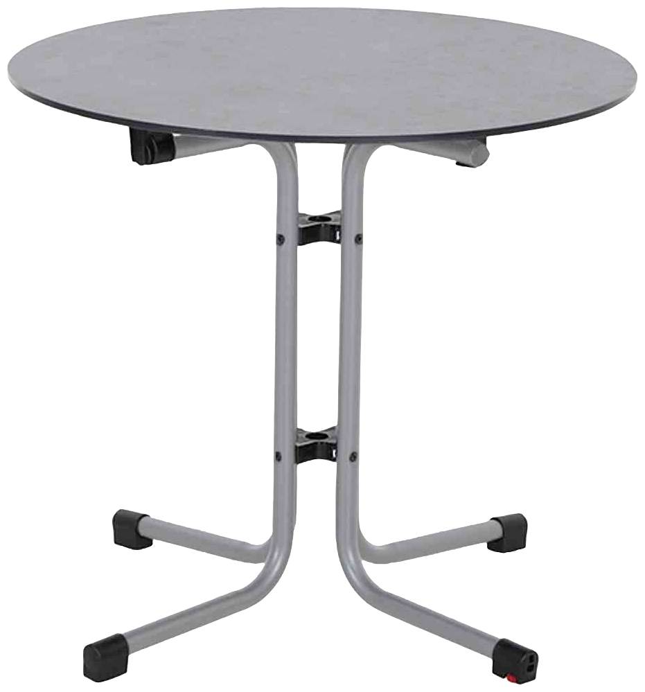 Runder Klapptisch mit Metallgestell.