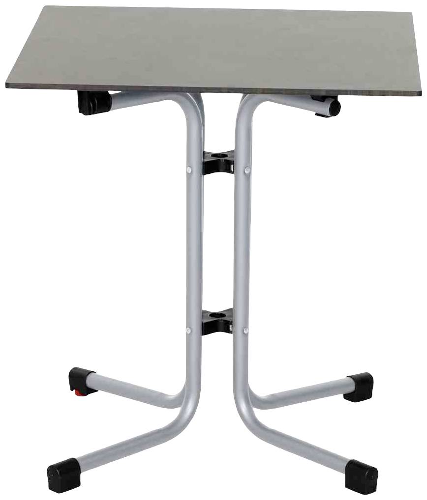 Tisch mit rechteckiger, schwarzer Tischplatte und silbernem Metallgestell. Geeignet als Beistelltisch für Wohnzimmer oder Büro.