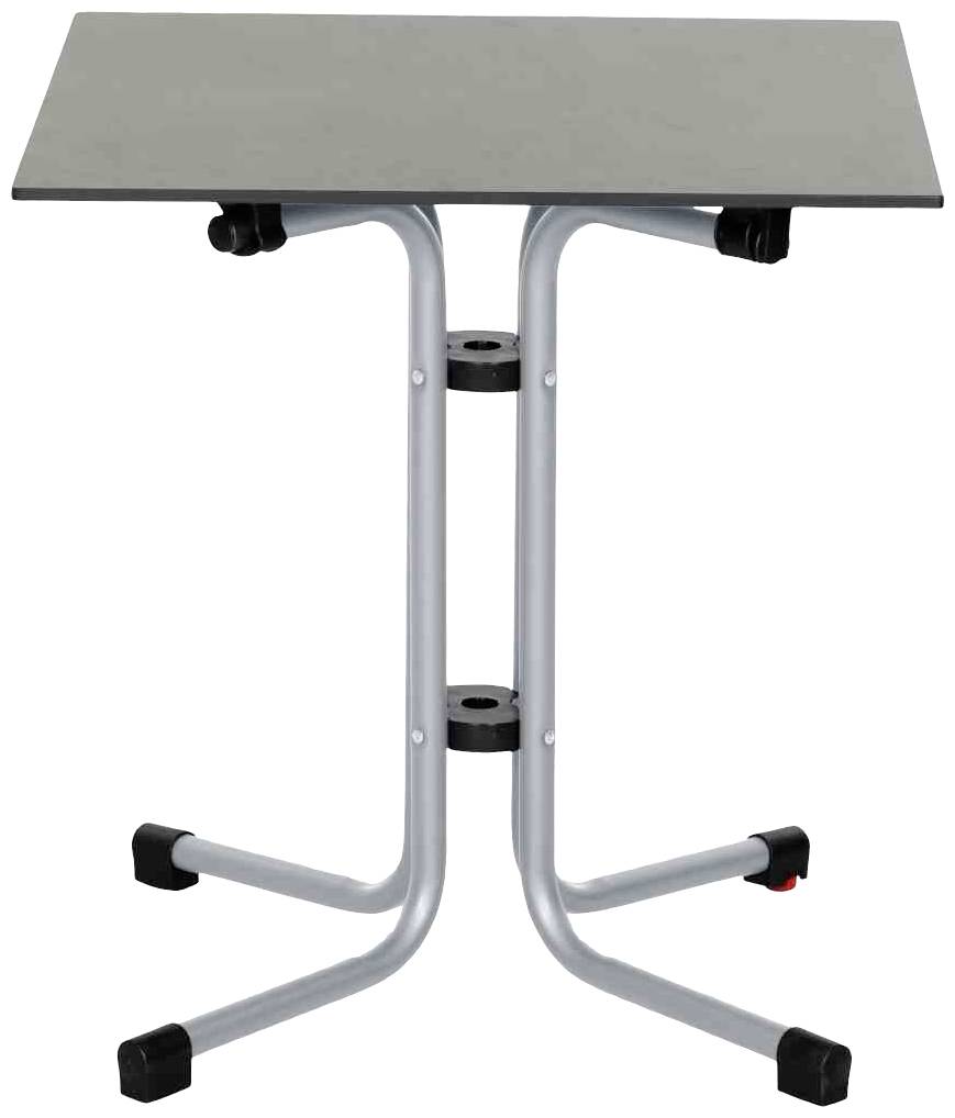 Ein höhenverstellbarer, mobiler Schreibtisch mit einer grauen Tischplatte und silbernen Metallbeinen. Ideal für flexible Arbeitsplätze.