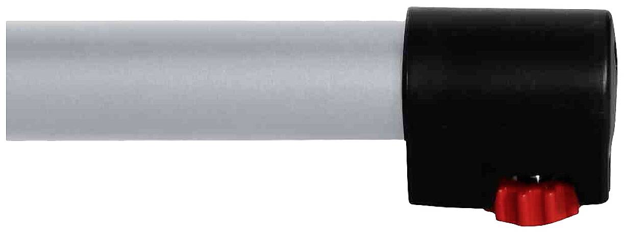 Silbernes Rohr mit schwarzem Kunststoffendstück, das einen roten Drehknopf aufweist. Könnte Bestandteil eines mechanischen Objekts sein.