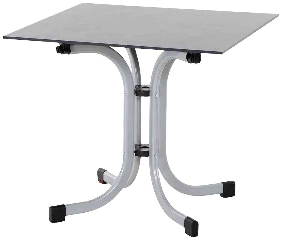 Ein quadratischer Tisch mit Metallbeinen und dunkler Platte.