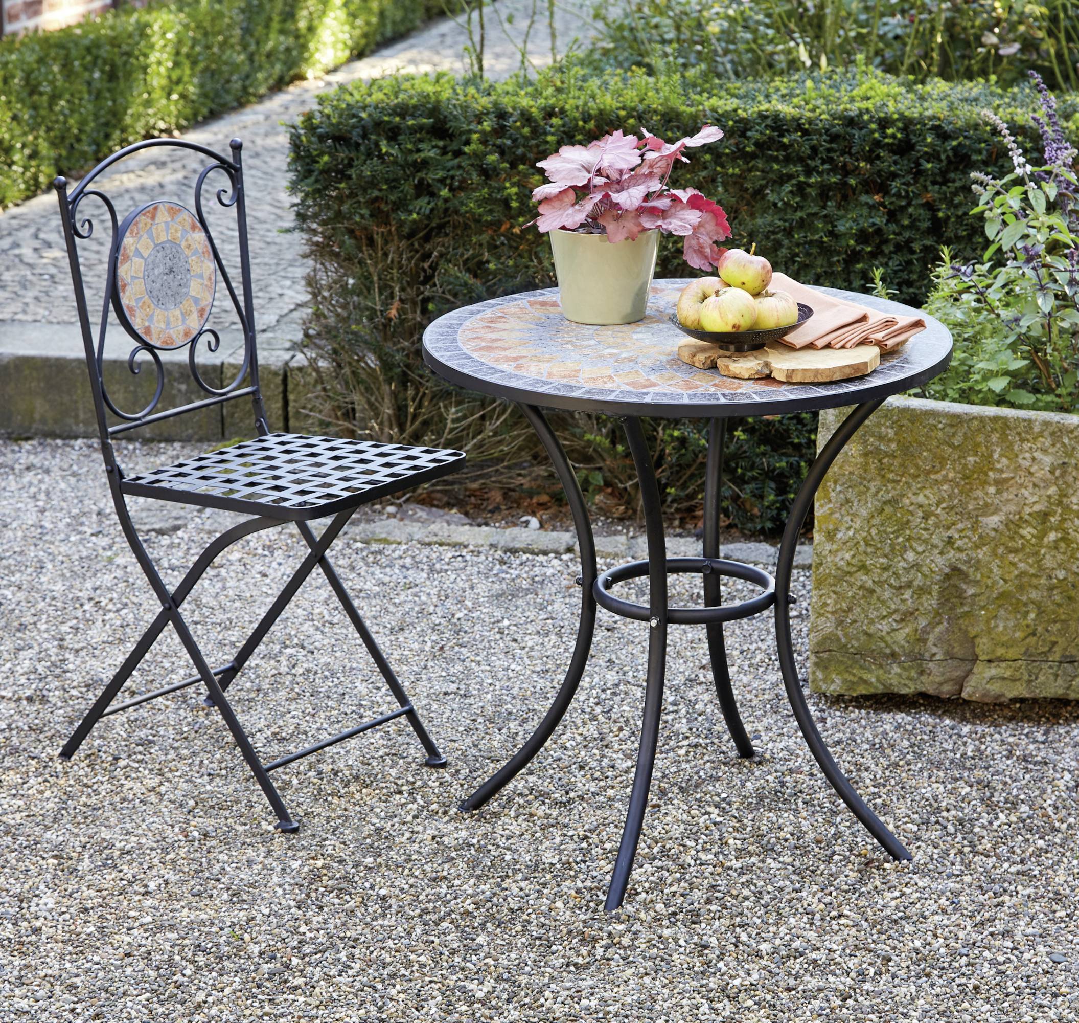 Siena Garden 380813 Prato Tisch Ø 60x71cm Gestell Stahl matt-schwarz, Tischplatte Keramik mehrfarbig mosaikoptik