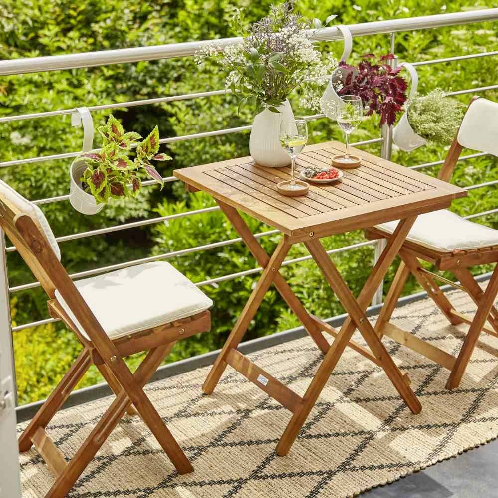 Siena Garden 673122 Almeria Balkonmöbelset, 3 tlg. Gestell und Fläche Akazienholz FSC®-Mix natur, inkl. Sitz- und Rückenkissen