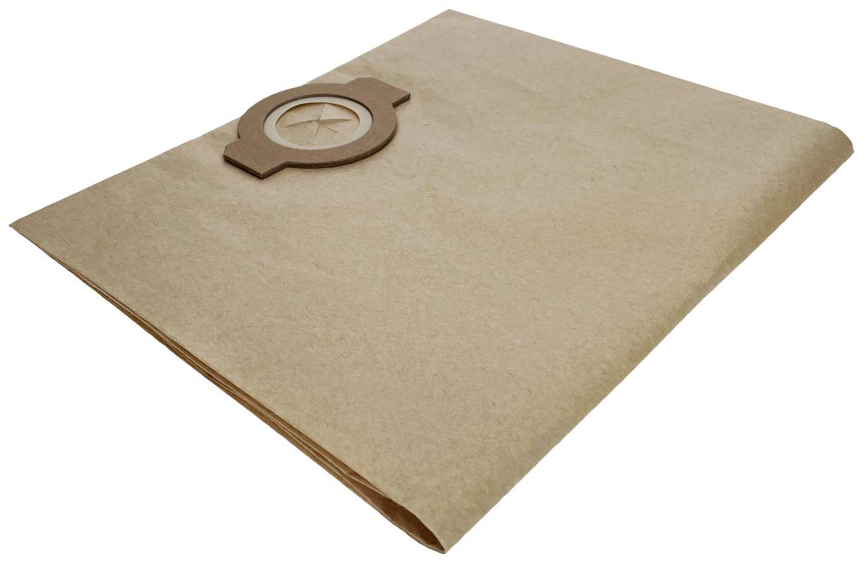 Ein brauner Staubsaugerbeutel, flach auf der Seite liegend, mit einem runden Anschluss in einer eckigen Halterung sichtbar.