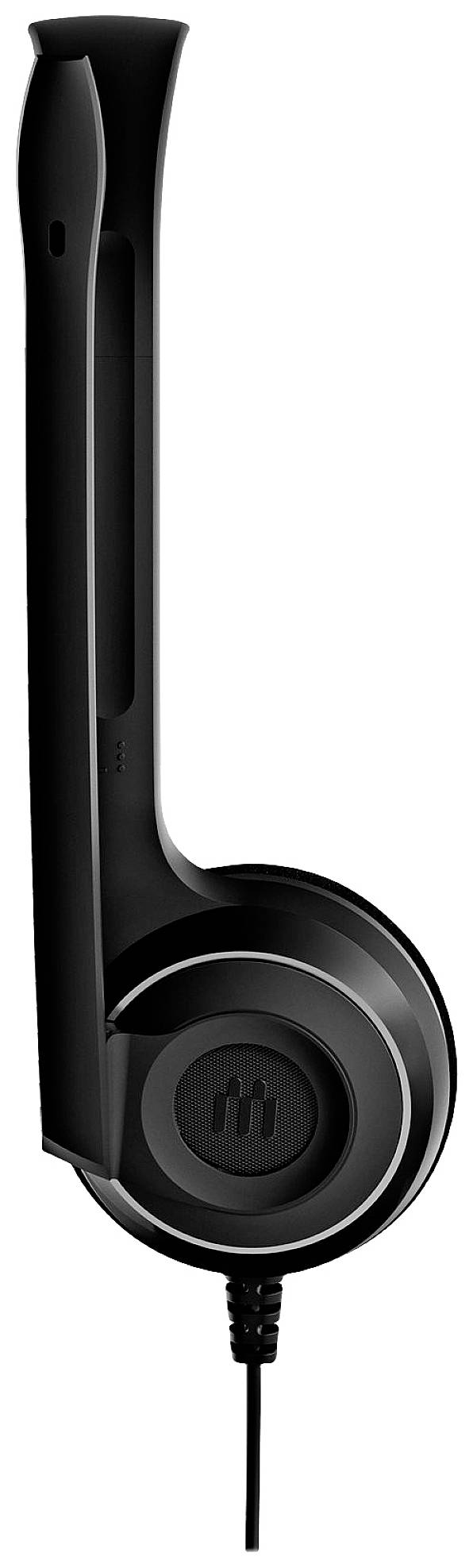 Ein schwarzes Headset-Ohrhörer mit Kabel, geeignet für Computer oder Mobilgeräte. Das Mikrofon ist in den Ohrhörer integriert.