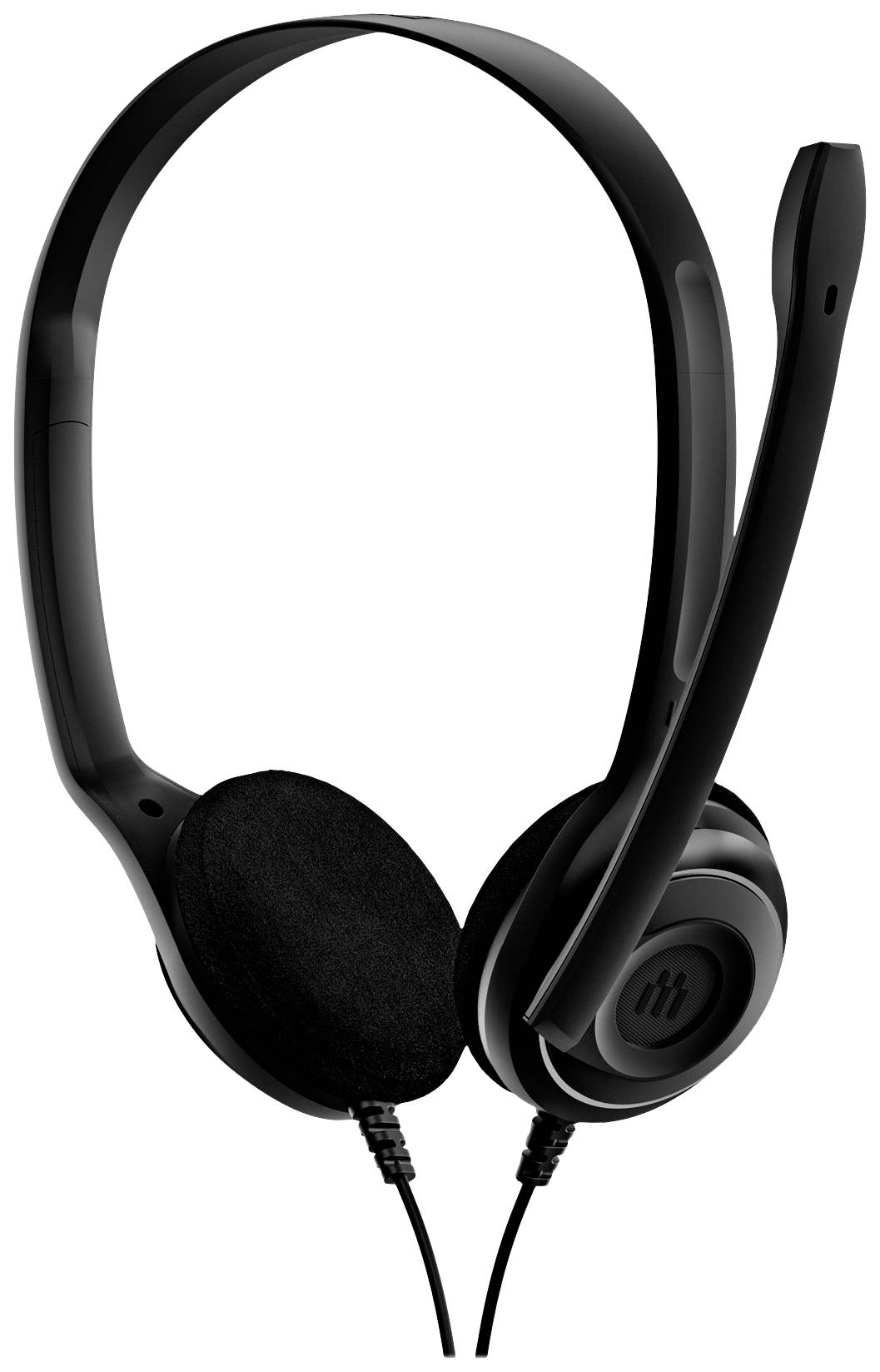 Ein schwarzes Headset mit Mikrofon und Kabel, geeignet für Audioanrufe und Musik, liegt auf weißem Hintergrund.