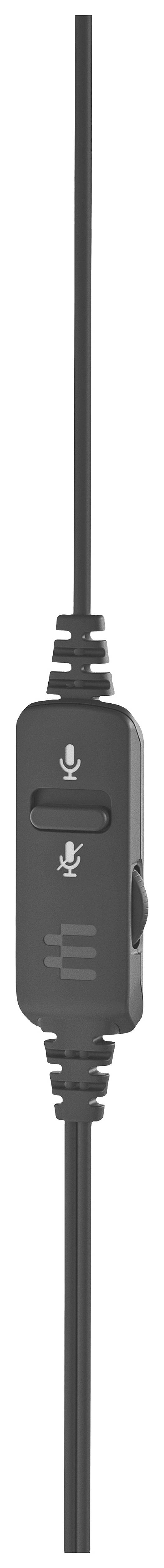 Ein schwarzes Kabel mit einem integrierten Lautstärke- und Stummschalter, zeigt Symbole für Mikrofon ein/aus und Lautstärkeregelung.