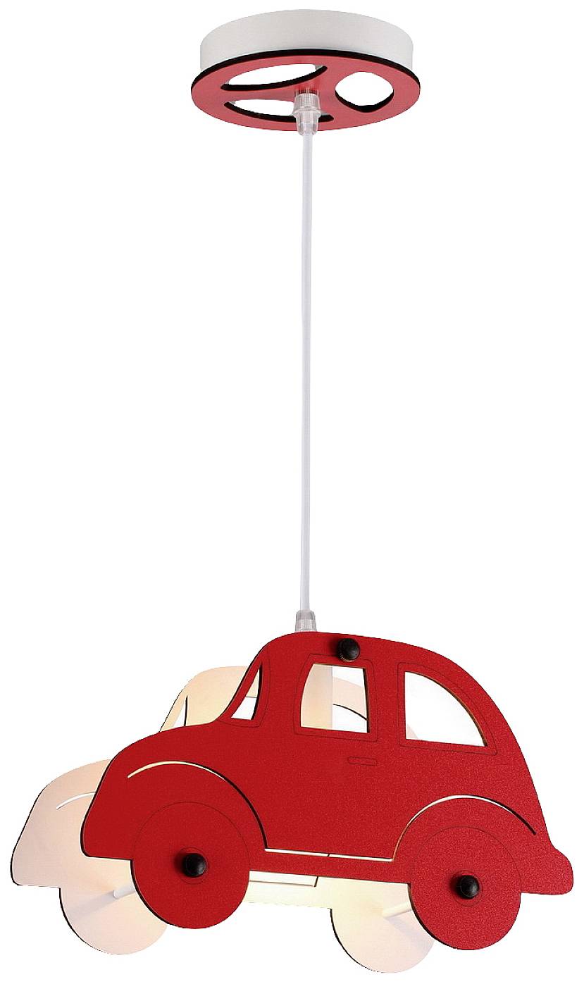 Rote Pendelleuchte in Form eines Autos, hauptsächlich dekorativ. Hängt von der Decke, geeignet für Kinderzimmer.